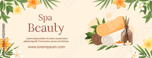 Spa beauty horizontal template banner. Advertising cover design with exotic flowers, bamboo leaves, towel with cosmetic bottles. Vector illustration branding beauty salon, cosmetics store
