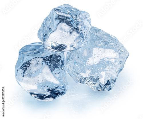 Three melting ice cubes covered with small water drops closeup. File contains clipping paths.