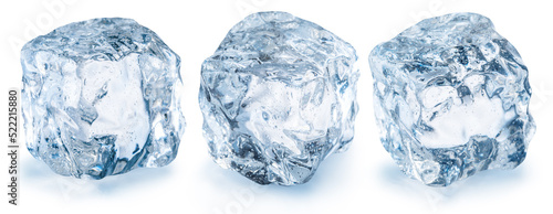 Set of three melting ice cubes covered with water drops. File contains clipping paths.