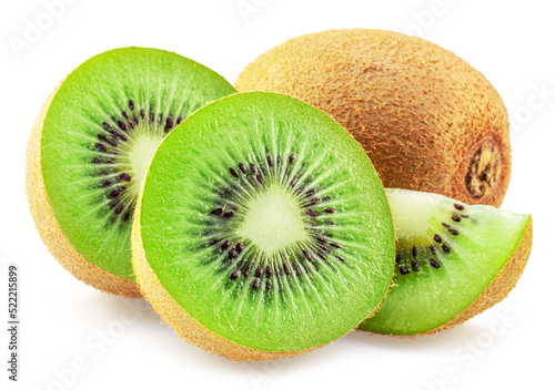 Kiwi fruit and kiwi slices isolated on white background.