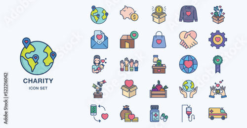 Donation and Charity linear coloured icon set