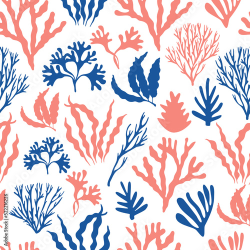 Seamless pattern with marine plants  leaves and seaweed. Hand drawn marine flora in watercolor style. Vector illustration. Surface design.