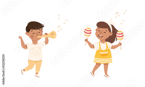 Set of adorable kids playing musical instruments. Cute girl and boy playing trumpet and maracas instruments cartoon vector illustration