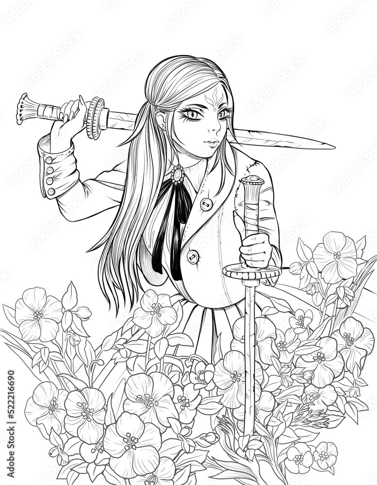 Dark fantasy anime girl. Adult coloring book pages. ilustração do Stock ...
