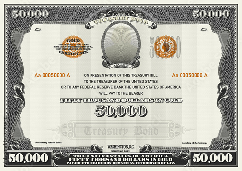 Vector fictitious US 50,000 dollars treasury bond. Gray vintage frame with guilloche mesh. Banknote with an oval and the inscription Gallatin