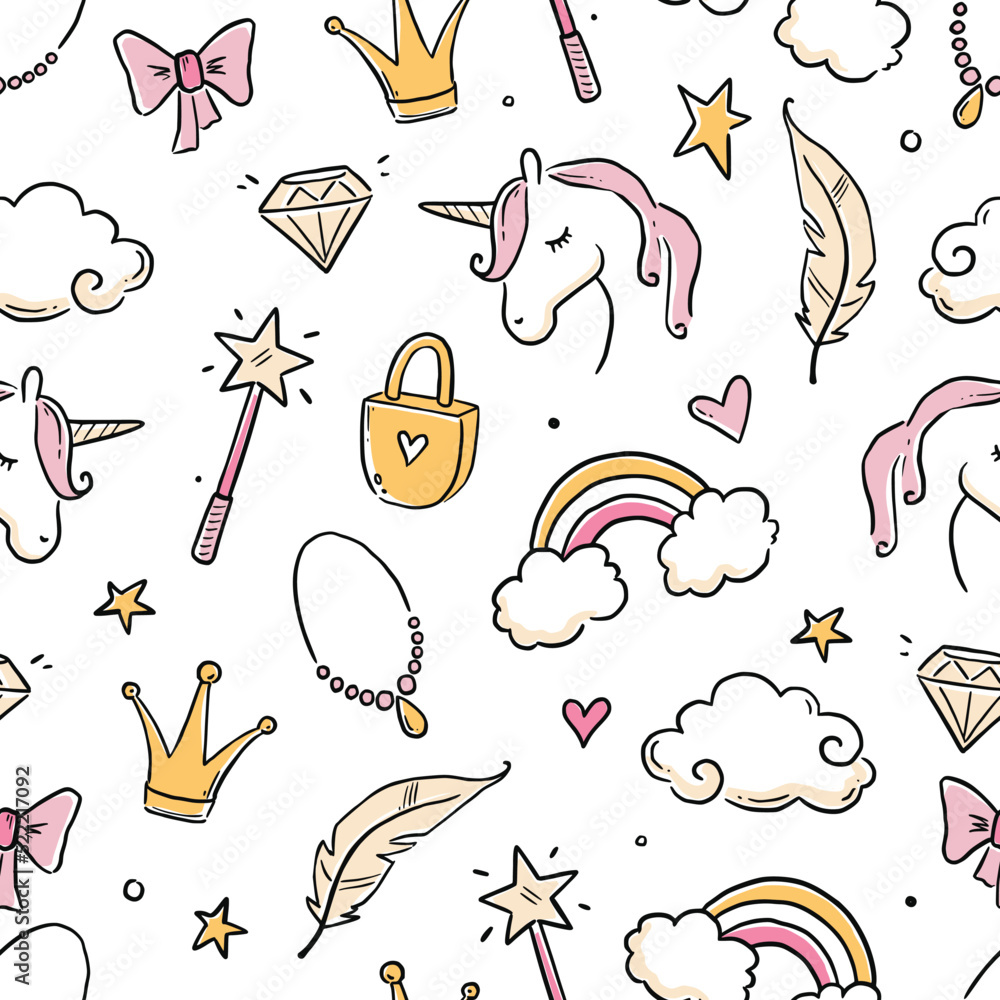 Hand drawn princess doodle seamless pattern. Beauty pattern with cute ...