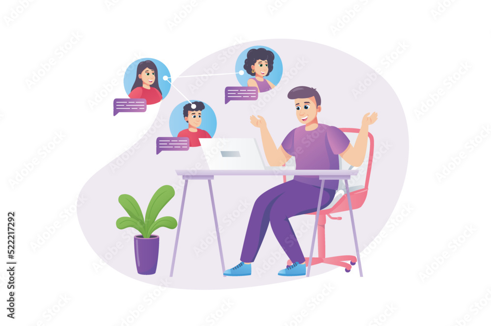 Video conference concept in flat style with people scene. Happy man communicate with friends or colleagues on group video calling using laptop program at home. Vector illustration for web design