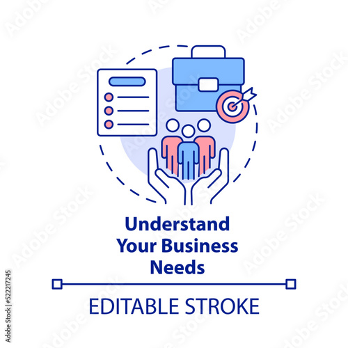 Understand business needs concept icon. Creating leader practice abstract idea thin line illustration. Enterprise analysis. Isolated outline drawing. Editable stroke. Arial, Myriad Pro-Bold fonts used