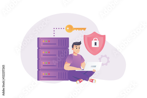 Cyber security concept in flat style with people scene. Happy man using secure access with password to his personal data at laptop and cyber attack protection. Vector illustration for web design