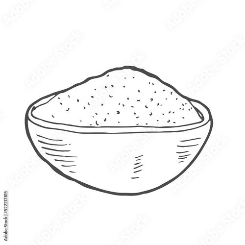 Wooden bowl with food - sketch flour, rice, sea salt, spirulina, spice, potato, oat, sugar, porridge, strach, curry. Doodle hand drawn vector illustration, vintage drawing isolated on white background