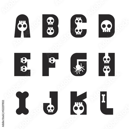 Fototapeta Naklejka Na Ścianę i Meble -  Halloween font. Typography alphabet with skull spooky and horror illustration. Design Type for holiday party celebration. Design vector fonts.