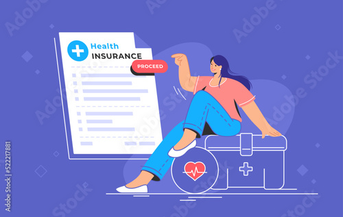 Electronic health insurance card and medical aid guaranteed. Flat vector illustration of smiling woman sitting on a case of first aid kit and pointing to a digital form to order health insurance