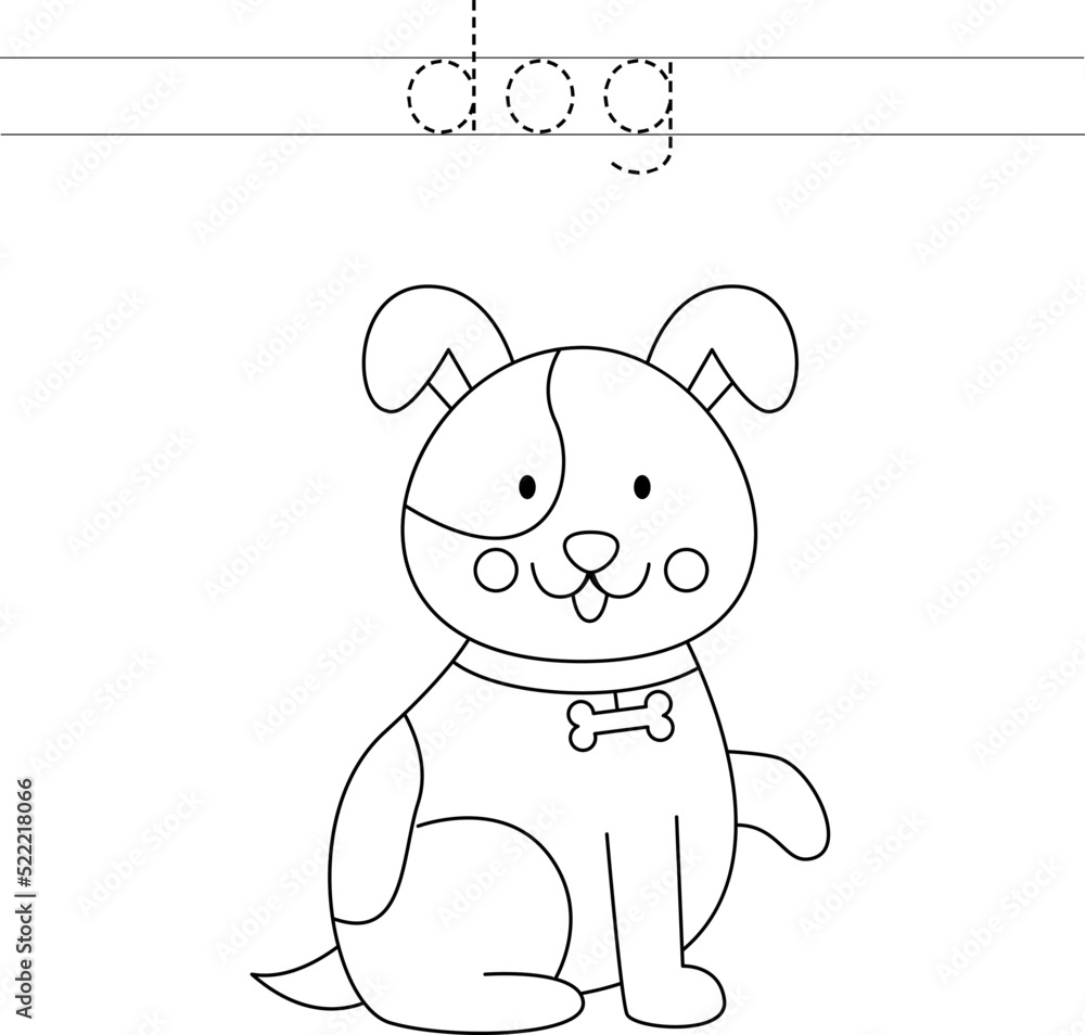 Fototapeta premium Trace the letters and color dog. Handwriting practice for kids.