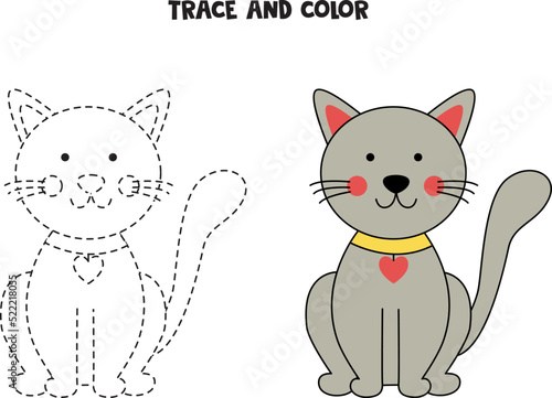 Trace and color cute hand drawn cat. Worksheet for children.