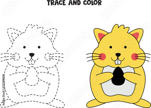 Trace and color cute hand drawn hamster. Worksheet for children.