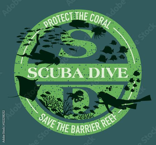 Scuba diving protect save coral reef vector print for t shirt sticker label wallpaper