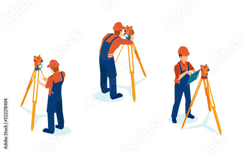 vector of a professional engineer surveyor takes measures with level theodolite on tripod