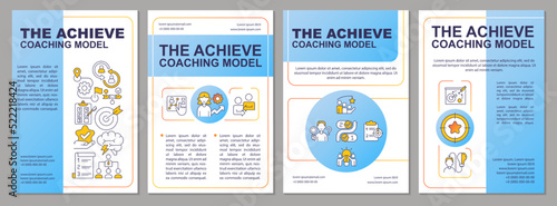 Achieve model in mentoring brochure template. Executive leader skill. Leaflet design with linear icons. Editable 4 vector layouts for presentation, annual reports. Arial, Myriad Pro-Regular fonts used