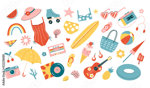Cute summer set with 60s, 70s elements. Flat vector illustration.
