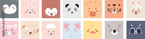 Cute animal face set vector illustration. Abstract scandinavian nursery character collection: penguin, hare, hedgehog, panda, giraffe, tiger, lama, sheep, cat, dog, elephant, chick, koala, raccoon