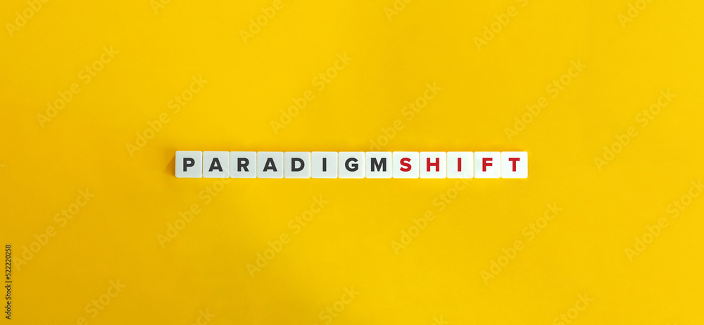 Paradigm Shift Banner. Letter Tiles on Yellow Background. Minimal Aesthetics. - obrazy, fototapety, plakaty 