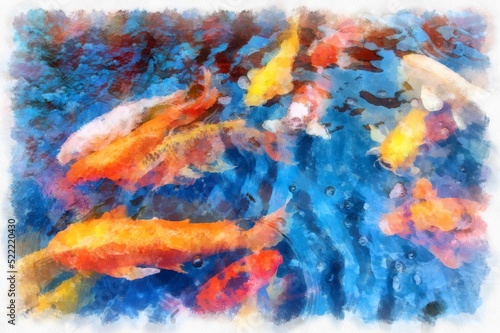 A group of koi fish in the pond watercolor style illustration impressionist painting.