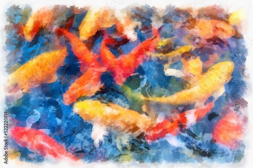 A group of koi fish in the pond watercolor style illustration impressionist painting.