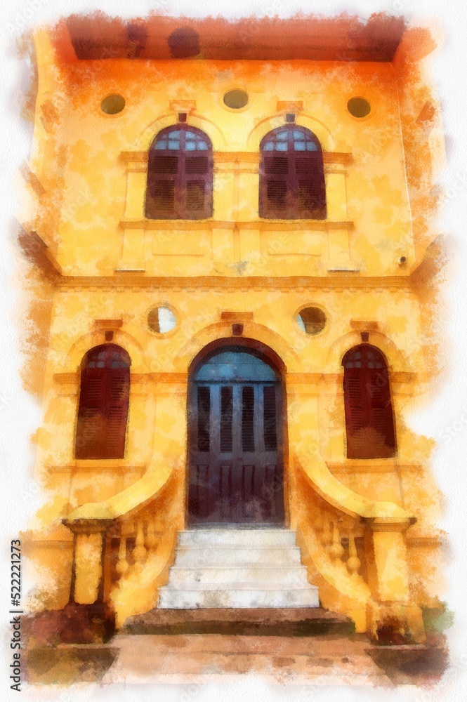 Fototapeta premium The ancient yellow building colonial architecture There are beautiful decorative stucco components, doors and windows watercolor style illustration impressionist painting.