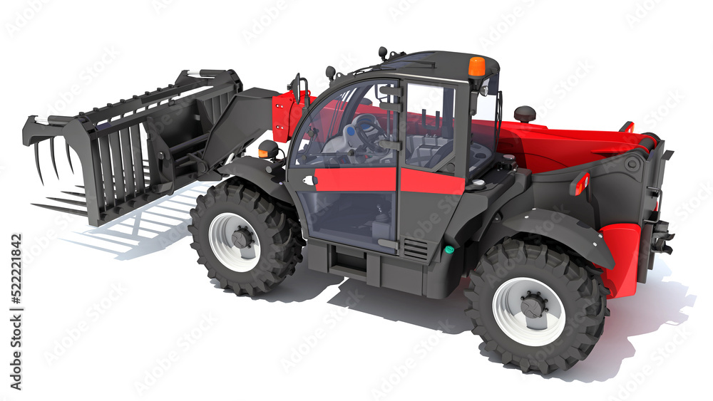 Telescopic Telehandler 3D rendering heavy construction machinery on white background Telescopic Telehandler 3D rendering heavy construction machinery on white background