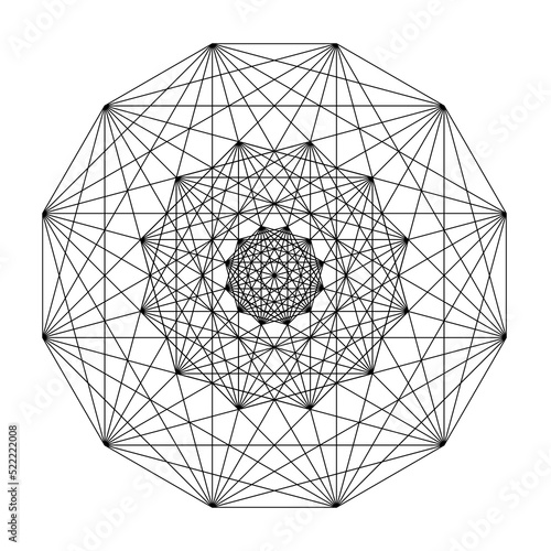 Complex dodecagon geometrical line art design with a pattern that is repeated in diminishing size within the original shape, PNG transparent background photo