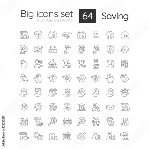 Saving linear icons set. Financial funds. Money management. Smart investment. Customizable thin line symbols. Isolated vector outline illustrations. Editable stroke. Quicksand-Light font used