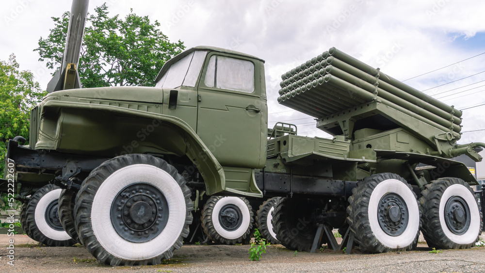 Soviet and Russian multiple rocket launchers. Field jet system. A combat vehicle on the chassis of a truck. Weapons with increased firepower. Museum of artillery in the city of Perm. Soviet and Russian multiple rocket launchers. Field jet system. A combat vehicle on the chassis of a truck. Weapons with increased firepower. Museum of artillery in the city of Perm.