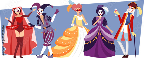 masquerade people. performing fashioned male and female persons in beautiful dresses for celebration party masquarade. Vector cartoon characters kings and princesses