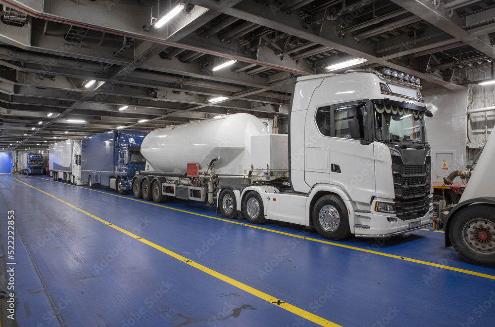 Trucks on deck. Ferry Harwich Hoek van Holland. Transport. Boat. England . Great Brittain, UK.