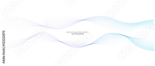 Flowing particles wave pattern colorful blue and purple gradient color isolated on white background with space for text banner. Vector in concept of AI technology, science, music, modern. © korkeng