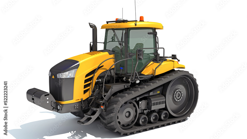 Farm Track Tractor 3D rendering on white background Farm Track Tractor 3D rendering on white background