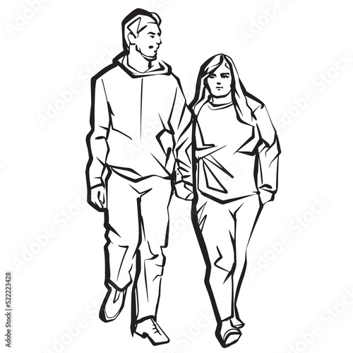 Woman and man on a walk. Sketch of the young couple. Ink drawing