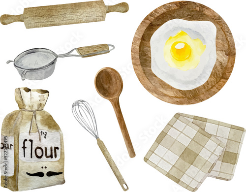 Watercolor wooden kitchen culinary utensils with flour and egg