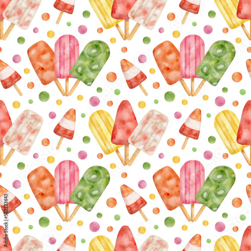 Watercolor popsicle seamless pattern. Hand painted cute colorful ice cream pops isolated on white background. Summer food repeated design. Holiday festival yummy sweets for wrapping and print photo