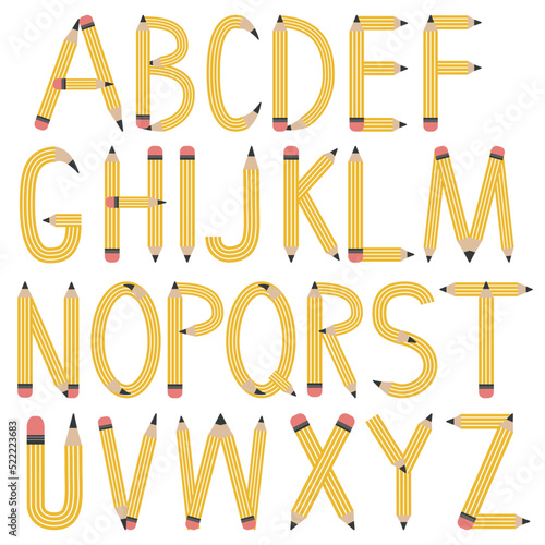 English alphabet of pencils, letters, color isolated vector illustration