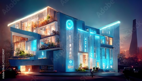 Modern smart home, against the background of high-rise buildings, a colorful illustration of new houses. A conceptual futuristic modular house of the future. 3D artwork photo