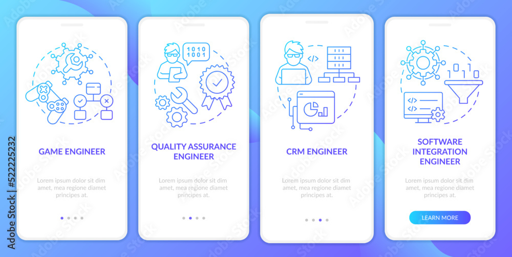 Software engineer paths blue gradient onboarding mobile app screen. Walkthrough 4 steps graphic instructions with linear concepts. UI, UX, GUI template. Myriad Pro-Bold, Regular fonts used