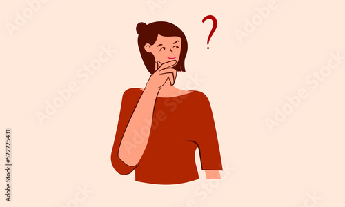Curious woman illustration. Young women in casual clothes surrounded by a question mark. Flat cartoon vector illustration