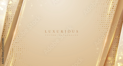 Abstract luxury cream background with shining golden lines and halftone dots.