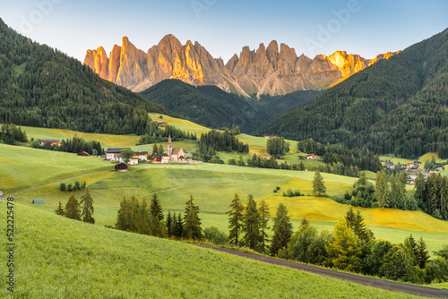 Sunrise Scene of Landscape with the Santa Maddalena church and the Dolomites in the Funes valley, South Tyrol, Italy