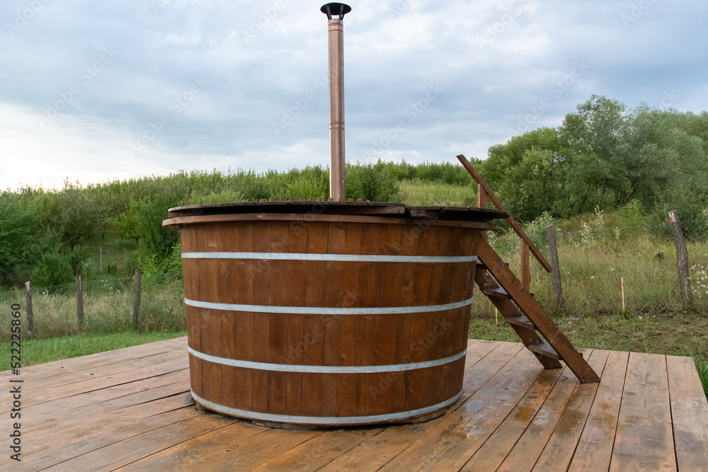 Traditional wooden hot tub.