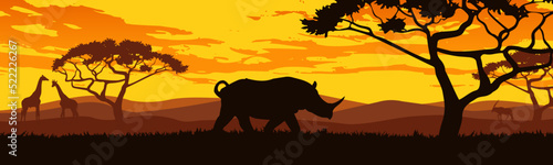 Savannah Landscape Sunset Vector Illustration With Rhino And Two Giraffe