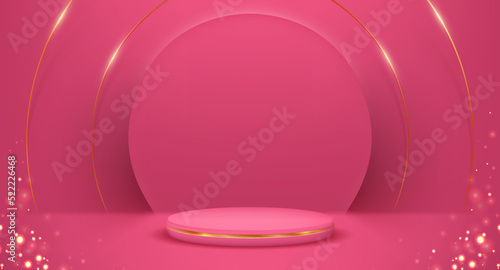 Pink podium 3d illustration background with geometric abstract shapes.