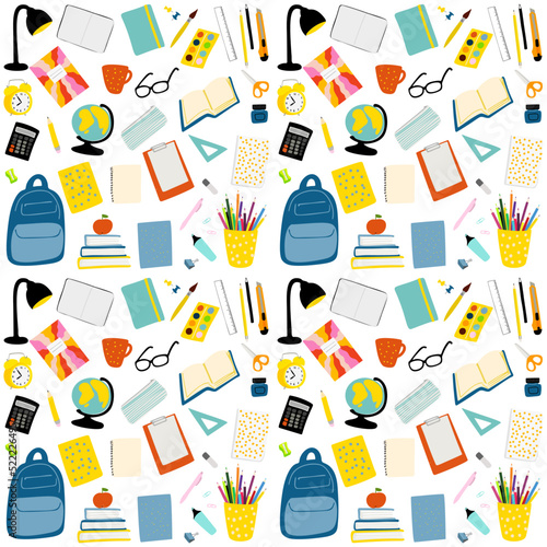 Seamless pattern with school stationery colorful illustration on white background