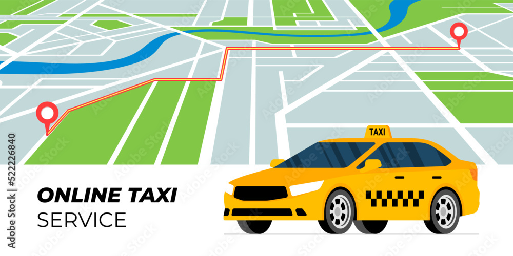 Taxi ordering and tracking service concept. Yellow cab stands on city map background with car route. Taxicab online order. Get transport web application advertising banner concept. Vector illustration Taxi ordering and tracking service concept. Yellow cab stands on city map background with car route. Taxicab online order. Get transport web application advertising banner concept. Vector illustration